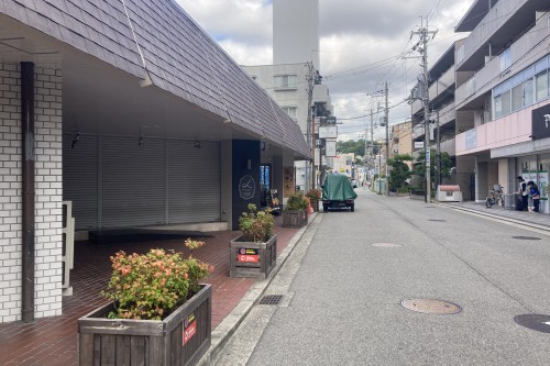 植木鉢が並ぶ歩道沿いに、まっすぐ続く道