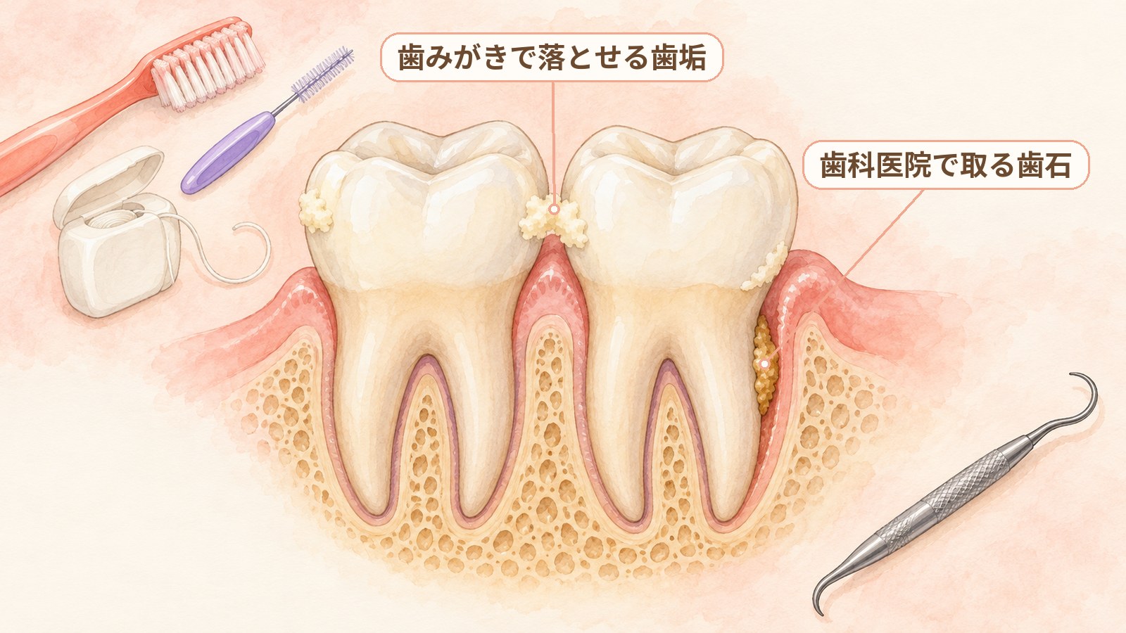歯2本と歯ぐきの断面を説明するための図。歯の表面と歯と歯のあいだに付いた歯垢は、歯みがきで落とせる。歯周ポケットの奥の、歯の根に付いた歯石は、歯科医院で取る。歯ブラシ・歯間ブラシ・デンタルフロスと歯科の器具は、図の脇に置いてある